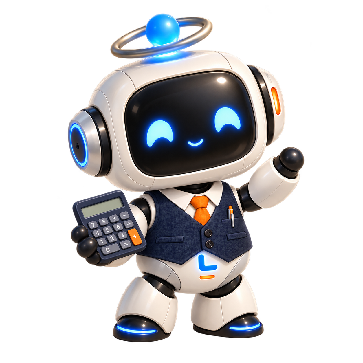 Lumo in an accountant’s vest and tie, holding a calculator
